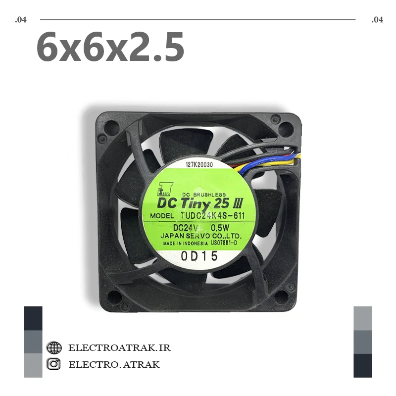 فن 24 ولت 0.5 وات 6*6*2.5 سانتی متر بلبرینگ 4 سیم