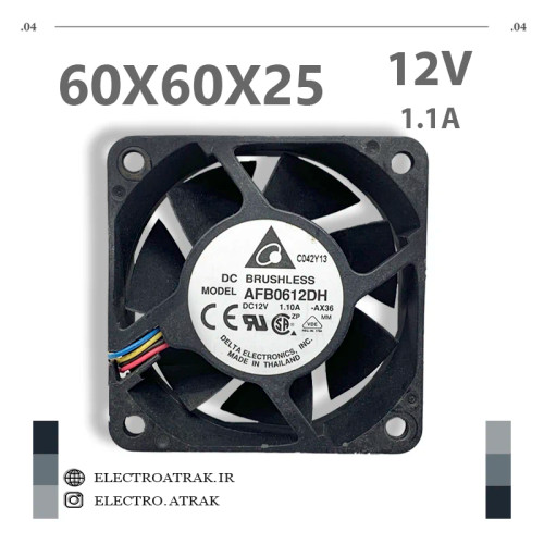 فن 12 ولت 1.1 آمپر 6*6*2.5 سانتی متر بلبرینگ 4 سیم