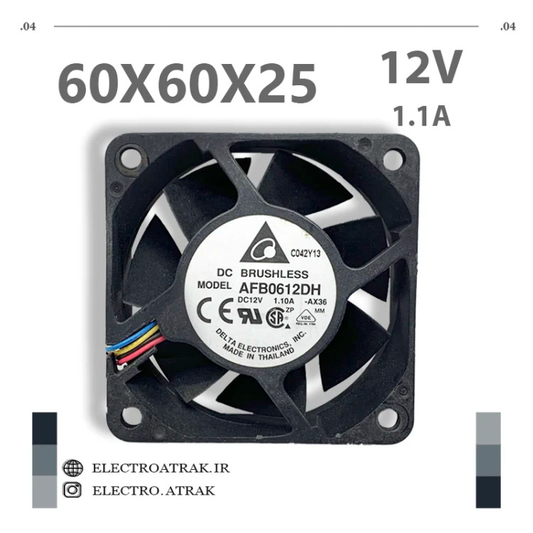 فن 12 ولت 1.1 آمپر 6*6*2.5 سانتی متر بلبرینگ 4 سیم