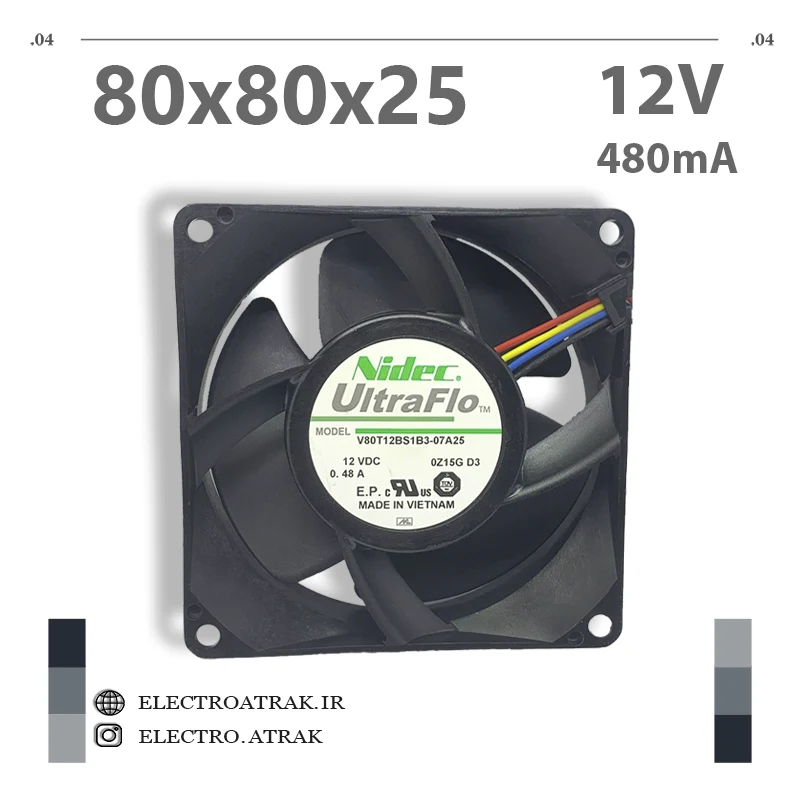 فن 12 ولت 0.48 آمپر 8*8*2.5 سانتی متر بلبرینگ 4 سیم برند نیدک V80T12BS1B3