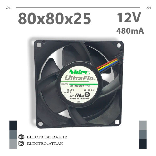 فن 12 ولت 0.48 آمپر 8*8*2.5 سانتی متر بلبرینگ 4 سیم برند نیدک V80T12BS1B3